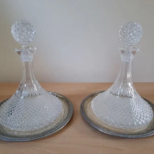 Pair of Vintage Crystal Glass Ship's Decanters with Silver Plated Trays and Sherry Collars