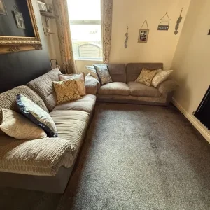 2x jumbo cord dfs 3+2 seater sofas in beige/grey - Image 2