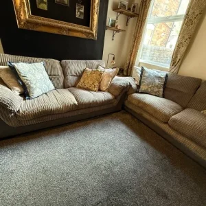 2x jumbo cord dfs 3+2 seater sofas in beige/grey - Image 3