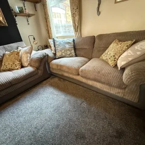 2x jumbo cord dfs 3+2 seater sofas in beige/grey - Image 4