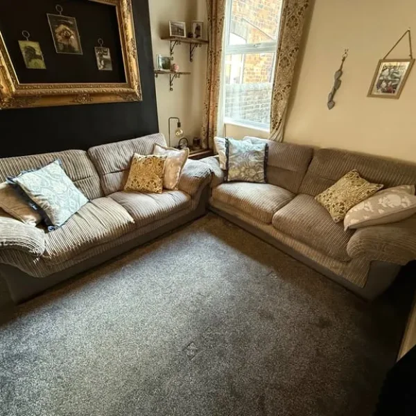 2x jumbo cord dfs 3+2 seater sofas in beige/grey