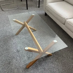 Tempered glass table with wooden-looking metal legs - Image 3