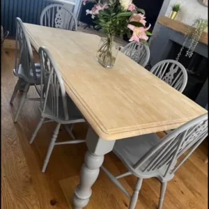 Farmhouse solid wood 6ft dining table and 6 grey wheelback dining chairs