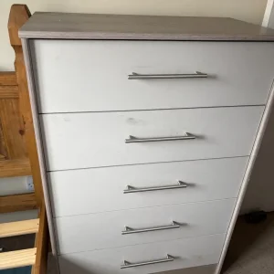Grey and wood effect chest of 5 draws