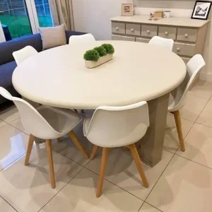 Large Round Oak Dining Table with 6 Cream Chairs - Image 2