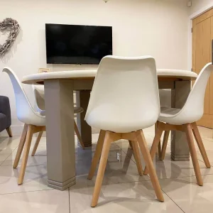 Large Round Oak Dining Table with 6 Cream Chairs - Image 4