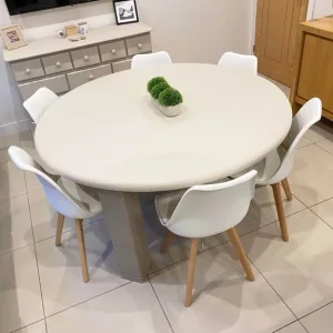 Large Round Oak Dining Table with 6 Cream Chairs - Image 5