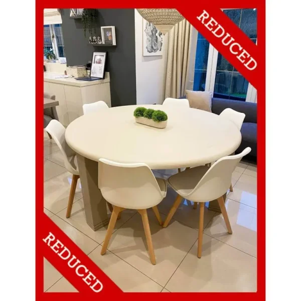 Large Round Oak Dining Table with 6 Cream Chairs