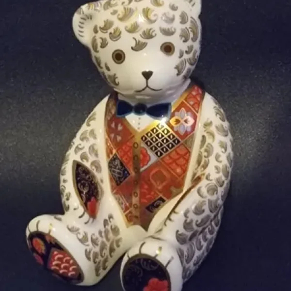 Large Seated Royal Crown Derby Blue Tie Bear Paperweight