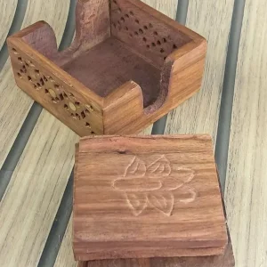 Natural Wooden Coasters Set with Holder, Square Shape Floral Design - Image 2