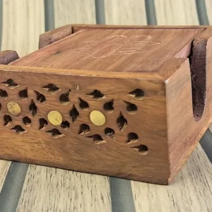 Natural Wooden Coasters Set with Holder, Square Shape Floral Design - Image 3