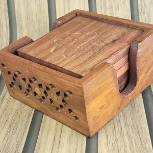 Natural Wooden Coasters Set with Holder, Square Shape Floral Design - Image 4