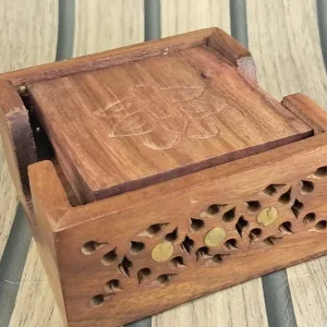 Natural Wooden Coasters Set with Holder, Square Shape Floral Design - Image 6