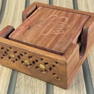 Natural Wooden Coasters Set with Holder, Square Shape Floral Design - Image 7