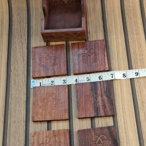 Natural Wooden Coasters Set with Holder, Square Shape Floral Design - Image 8