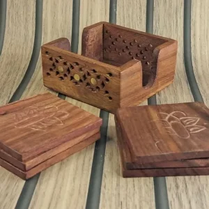 Natural Wooden Coasters Set with Holder, Square Shape Floral Design