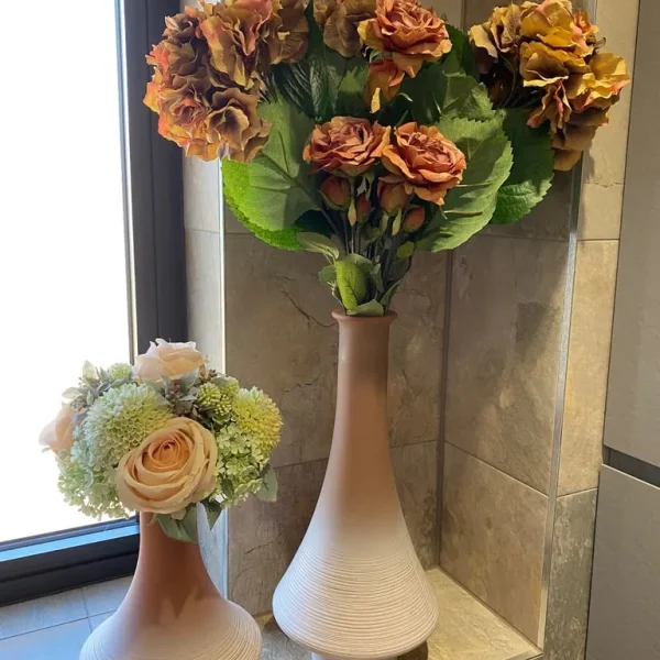 Two Ombré Beige and Peach Vases with Hand-Tied Flowers