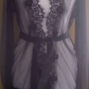 Black Sheer Scalloped Lace Trim Short Kimono Robe with Satin Belt – One Size - Image 2
