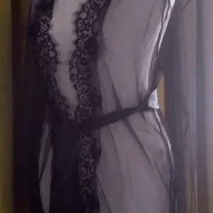 Black Sheer Scalloped Lace Trim Short Kimono Robe with Satin Belt – One Size - Image 6