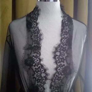 Black Sheer Scalloped Lace Trim Short Kimono Robe with Satin Belt – One Size