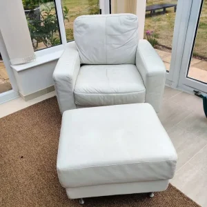 Comfy white real leather armchair and footstool - Image 2