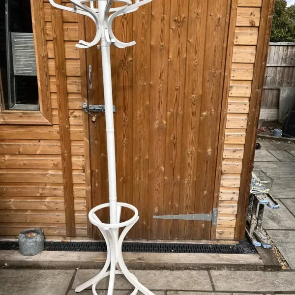 Tall white wooden coat hanger with 12 hooks