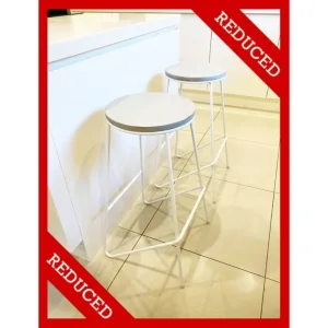Two White Breakfast Bar Stools with Wooden Top and Metal Base