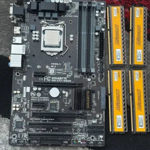Gigabyte GA-Z97-HD3P motherboard with i7 4790k CPU, heatsink, fan, and 16GB DDR3 memory