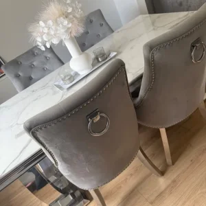 Marble dining table and 4 grey suede chairs - Image 3