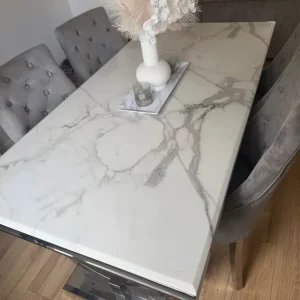 Marble dining table and 4 grey suede chairs - Image 4