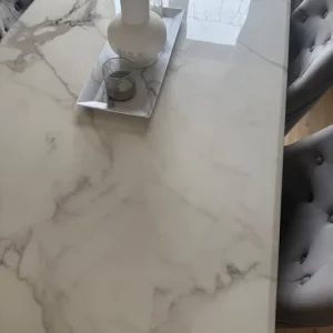 Marble dining table and 4 grey suede chairs - Image 6