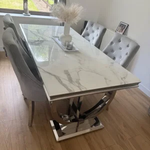 Marble dining table and 4 grey suede chairs