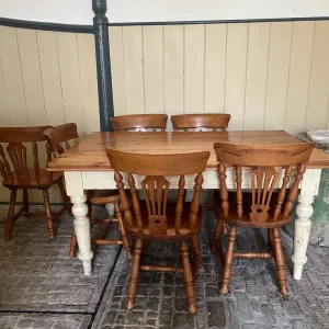 Vintage pine Farmhouse dining table and six chairs - Image 5
