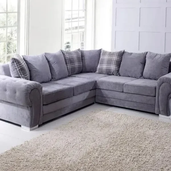 Verona Sofa 3+2 Seater – Grey, Velvet, Classic Chrome