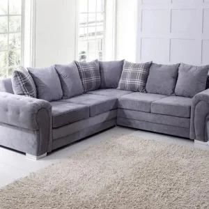 Verona Sofa 3+2 Seater – Grey, Velvet, Classic Chrome