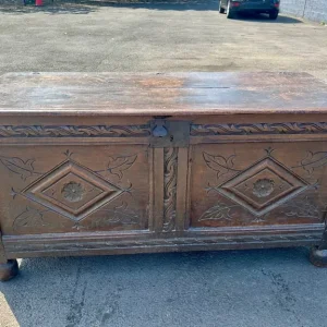 Large Antique Oak Coffer – Carved Panel Front, Bun Feet - Image 2