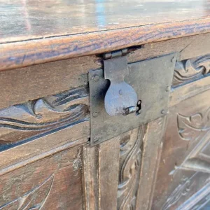 Large Antique Oak Coffer – Carved Panel Front, Bun Feet - Image 5