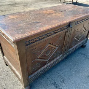 Large Antique Oak Coffer – Carved Panel Front, Bun Feet
