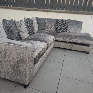DFS Crushed Velvet L Shaped Silver Sofa - Image 2