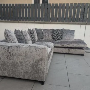 DFS Crushed Velvet L Shaped Silver Sofa - Image 5