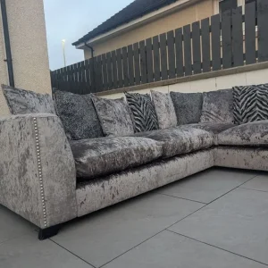 DFS Crushed Velvet L Shaped Silver Sofa - Image 7