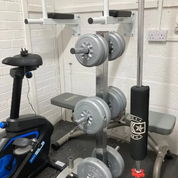 Weight rack, weights and barbell