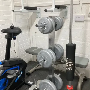 Weight rack, weights and barbell
