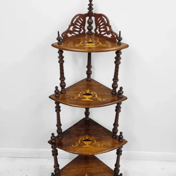 Antique Victorian Inlaid Walnut Corner Whatnot Stand / c.1880