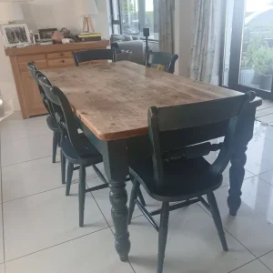 Pitch pine dining table with painted chairs