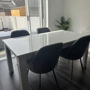 6 seater white gloss dining table with grey velvet chairs
