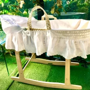 Moses basket with mattress hood, frills and wooden stand, quite old - Image 4
