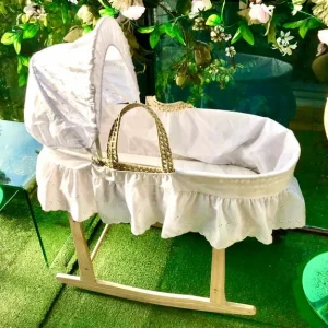 Moses basket with mattress hood, frills and wooden stand, quite old