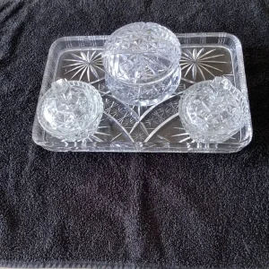 Vintage Cut Glass Tray with 3 Lidded Trinkets - Image 2