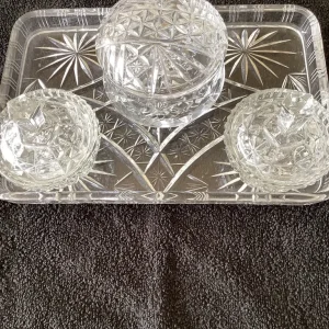 Vintage Cut Glass Tray with 3 Lidded Trinkets - Image 3